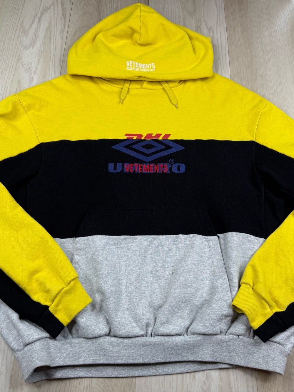 Vetements Yellow Black Gray Colorblock Hoodie with Umbro Logo Size Small